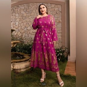 Plus Golden Floral Print Belted Dress